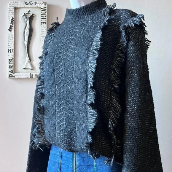 Loft Black Fringe Cable Knit Turtleneck Sweater Size L - Picture 6 of 10
